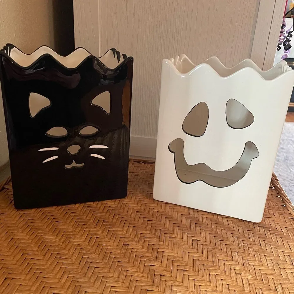 Harry and David Vintage Ghost and Black Cat Large Ceramic Tea Light Candle Boxes